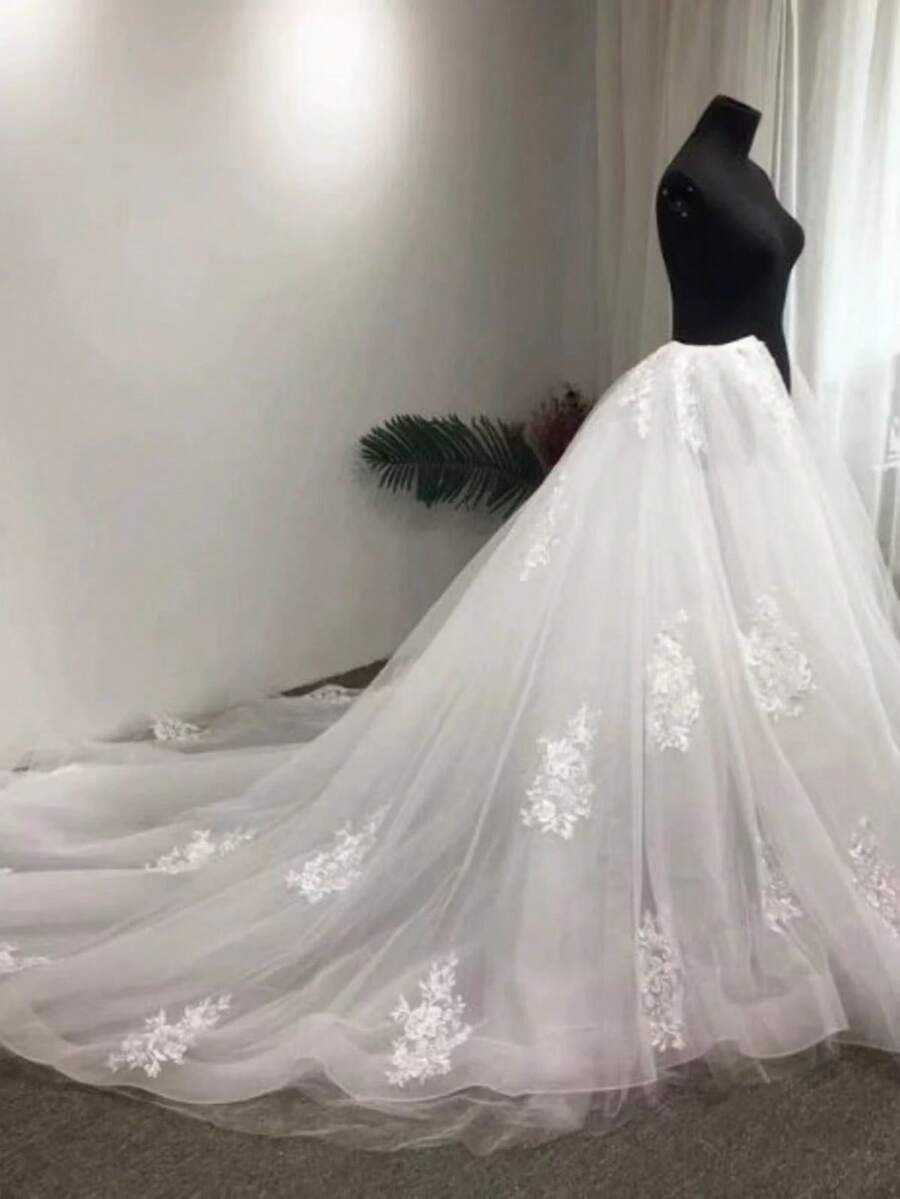 European And American Bride Net Tulle Removable Long Train Big Skirt Lace Applique Wedding Dress, Versatile Train Fall Clothes For Women - White - View 1