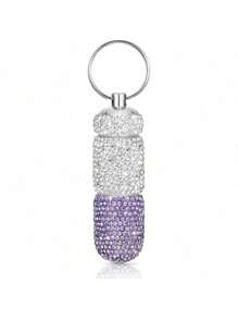 Portable Bling Keychain Storage Box 2 Compartments Small Travel Storage Case Pill Organizer Outdoor Rhinestone Waterproof Small Pill Holder With Keychain Cute Storage Box For Outdoor Camping Case