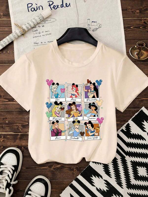 Disney Women's New Round Neck Short Sleeved Summer, Casual Cartoon Pattern Printed Round Neck T-Shirt, Sweet And Gentle Temperament, Slim And Comfortable Summer Tops, Suitable For Daily Casual Wear, Graphic Tees Women,Summer Outfits For Women