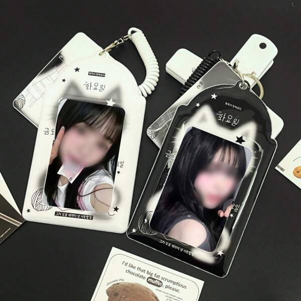 1pc Cute Black & White Cat Photo Pocket, Minimalist Cat Ear Decor Card Holder, Kpop Idol Photo Card Display Clip, Glossy PU 3-3.5in ID Badge Holder, Suitable For Concert Fan Goods, Bag Photo Card Storage Hanger