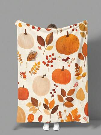 1 pièce Couverture imprimée à motif de citrouille et de feuille d'érable, jeté douillet et chaud pour le canapé, la télévision, la sieste, le camping, les voyages, convient à toutes les saisons, cadeau idéal pour le bureau, la maison, le canapé, le lit