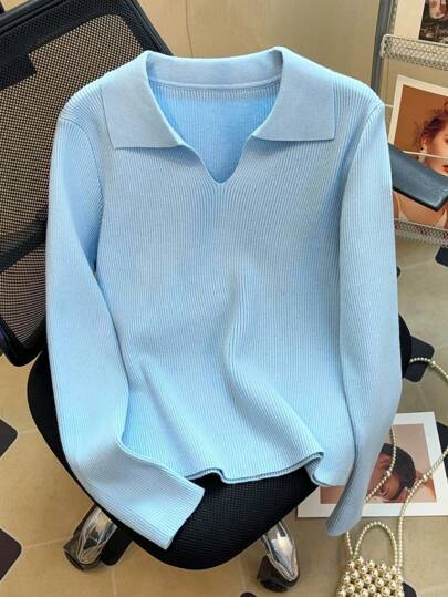 GIGOGOU Women's Solid Color Ribbed Knit Polo Neck Sweater Top, Daily Wear, Autumn/Winter Warm, Simple, Slim Fit, Blue