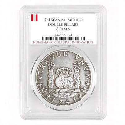38mm/1.50 Inch Boxed,1741 Spanish Mexican Double-Pillared 8-Rial Coin, Spanish Colonial History, Original Wrapped