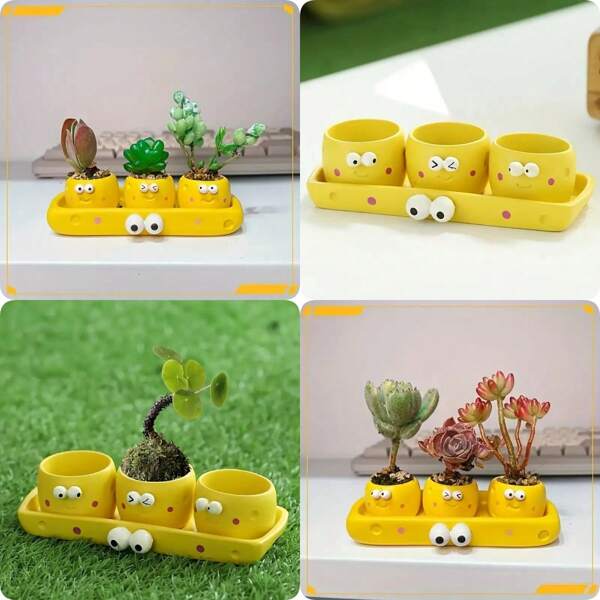 4pcs - Cartoon Cheese Thumb Flower Pot Outdoor Statues, Succulent Mini Creative Planter, Cute Cheese Shape Planter 3pcs Set + 1pc Tray