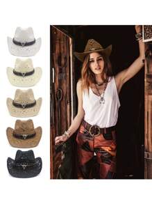 1 Stück Damen bunte Rinderkopf Kontrast-Farbgeflecht Strohhut, handgefertigter perlenbestickter Cut Out Retro Street Style britischer Jazz Panama Boho Sonnenhut, geeignet für Reisen, Wandern, Reiten, Dschungel, Strand, Golf, Spazierengehen, Dates, Kostümpartys, täglichen Gebrauch