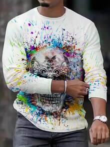 Men's 3D Printed Skull Graphic T-Shirt - Vibrant Colorful Streetwear Design, Breathable Regular Fit Round Neck, Machine Washable Casual Top, Cool Gift For Men, Streetstyle Clothing, Artistic Fashion, Comfortable Fabric, ﻿ - Multicolor - View 2