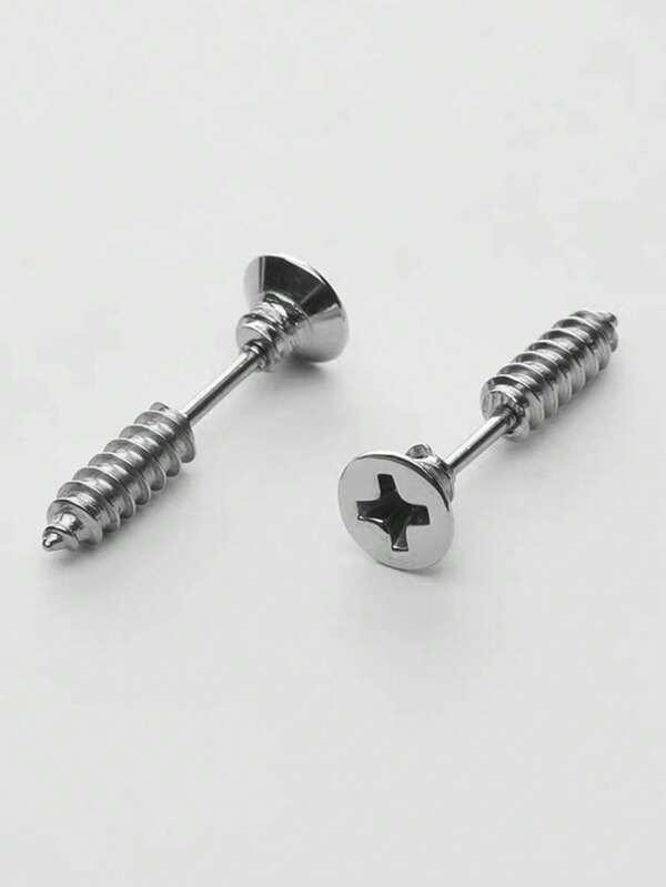 1Pair Unique Screw Design Stud Earrings, Personalized Exaggerated High-End Simple Dark Punk Earrings For Men And Women