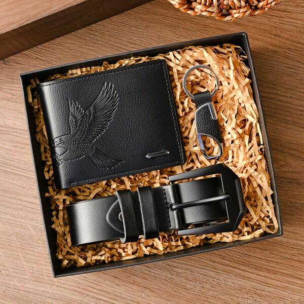 Set de 3 piezas: Cinturón de Hombre, Cartera y Llavero, juego de accesorios de moda para negocio, uso diario y regalo para familia, pareja o amigo