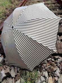 Fashionable Waterproof Striped Umbrella, Manual Folding Umbrella, Distinctive Waterproof Striped Umbrella With Lace Details - Durable Iron Frame, Easy To Clean In Rainy Days, Easy To Clean Sun Umbrella