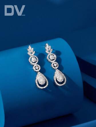 DV JEWELRY 1pair Luxury White Gold-Plated CZ Pendant Earrings For Women, Suitable For Dating, Wedding, Anniversary, Or Banquet Events, Comes With Gift Box Packaging