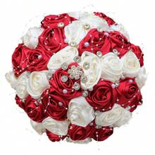 Elegante ramo de rosas de satén con cuentas y cristales de color champán, ramo de boda de rosas de tela artificial, flor eterna W0630G