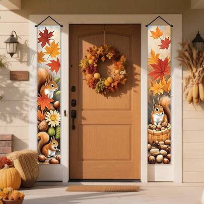 2pcs,Hello Fall, Porch Banner Sign, Autumn Maple Leaf And Squirrel Pattern Front Door Decoration, Hanging Welcome Banner Flag, Autumn Pumpkin Country Seasonal Farmhouse Thanksgiving Decoration, Home Outdoor Decoration