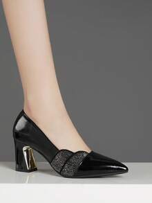 Women's Pointed Toe Chunky Heel Slip-On Pumps With Crystal Decor, Elegant,Kitten Heels - Black - View 4
