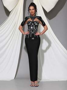 性感奢华重工业闪亮水钻绷带连衣裙，时尚小立领披肩袖设计，镂空紧身露背长裙，优雅派对、婚礼、节日、女士正式晚宴礼服 - 黑色 - 查看 1