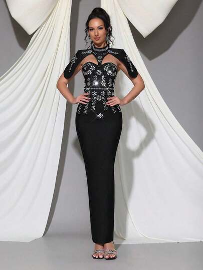 Vestido de gala de lujo con incrustaciones de strass brillante, diseño de cuello alto pequeño, mangas tipo chal, espalda abierta y ajustado, elegante para fiestas, bodas, festivales y cenas formales de damas