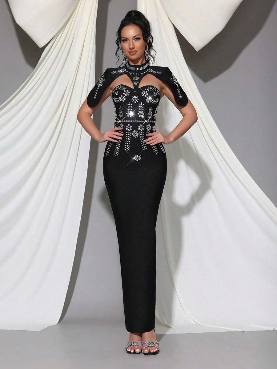 性感奢华重工业闪亮水钻绷带连衣裙，时尚小立领披肩袖设计，镂空紧身露背长裙，优雅派对、婚礼、节日、女士正式晚宴礼服 - 黑色 - 查看 1