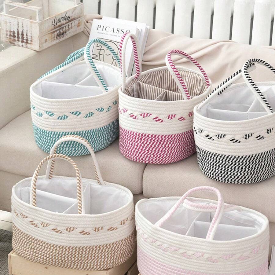 Rope Woven Baby Diaper Caddy, Large Capacity Mom Bag For Outdoor, Diaper, Baby Essentials Storage - Multicolor - View 1