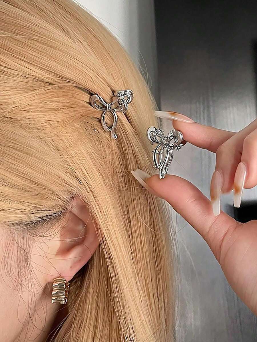2 Pcs Cute Metal Bowknot Hair Clips Suitable For Bangs And Short Hair Fall Winter Claw Clip Hair Accessories For Women Bows For Vacation Outfits Woman - Silver - View 1