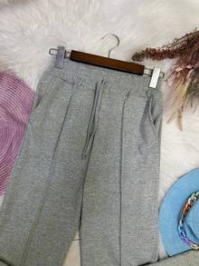 Wide Leg Pants In Soft Fleece Fabric With Fashionable Pocket - Mist Green - View 3