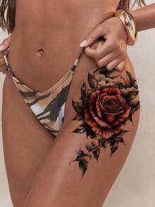 Red Rose Temporary Tattoo Stickers, Sexy Waterproof & Sweatproof Fake Rose Skull Floral Tattoo Stickers For Women, Unisex Flower Arm Tattoo For Abdomen, Leg, Arm, Back, Chest, Can Cover Scars, Lasts 2-5 Days, Easy To Apply & Remove