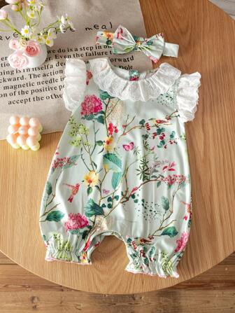 2pcs/Set Newborn Baby Girls Adorable Stylish Sleeveless Jumpsuit & Headband Set, Summer