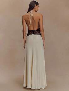 Mozision Summer Backless Sexy Maxi Dress Women Gown Patchwork Lace Halter Deep V Neck Sleeveless High Waist Elegant Long Dress - 粉色 - 查看 4
