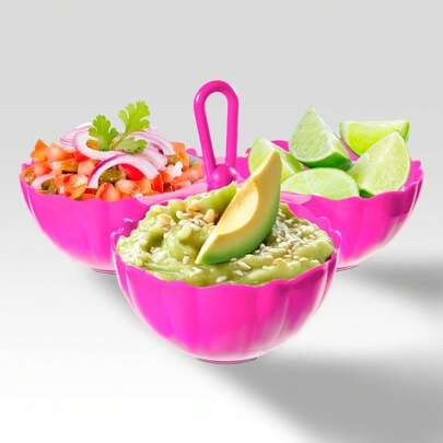 Salsera triple set 15 piezas plástico colores mayoreo 250ml 3 compartimentos cocina salsas dips fiestas buffets resistente práctico multiusos