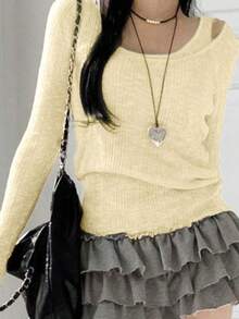 2025年秋季新款性感镂空设计二合一修身显瘦长袖上衣女 - 杏色 - 查看 2