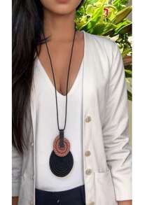 Women's Long Necklace Color Handmade Mandal Pendant - 2.Black Striped Coral/Cz - View 1