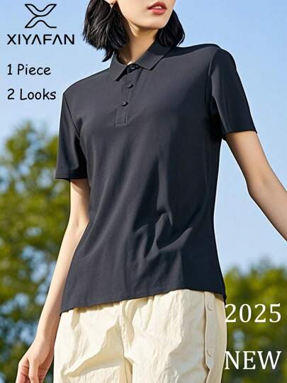 Damska czarna sportowa koszulka polo w stylu boyfriend 2025 – krótki rękaw, jednolity kolor | Jesień z powrotem do szkoły | Cienka, oddychająca, szybkoschnąca, idealna do jogi/biegania/golfa
