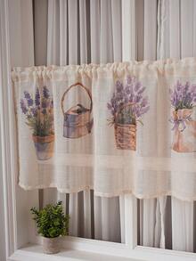 1pc Lavender Flower Pot Print Hanging Curtain, Countryside Style Lavender Printed Decorative Curtain Suitable For Kitchen Cabinet, Bay Window, Doorway, Room Divider, Home Decor - Purple - View 5