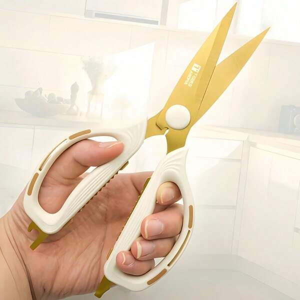 Heavy Duty Japanese-Style Scissors, Titanium-Plated Stainless Steel Blades For Extra Sharpness And Durability, TPR Soft-Grip Handles, Easy Cutting For Meat, Vegetables, Sewing, Office & Home Essential, Gold Color