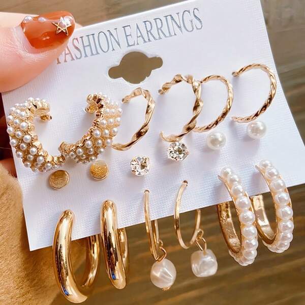 9 Pairs Elegant Minimalist Crystal & Pearl Stud Earrings Set