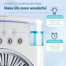 Raffrescatore d'aria portatile, ventilatore condizionatore d'aria portatile, mini raffrescatore evaporativo con luce LED colorata, timer da 1/2/3 ore, 3 velocità del vento e 3 modalità di nebulizzazione per la tua scrivania, comodino o tavolino da caffè