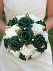 1束深绿色玫瑰花束，饰以金色仿珍珠和叶子，缎带装饰，新娘伴娘婚礼人造PE泡沫玫瑰花束，含永生花PE 2023G，情人节配饰 - 直徑20cm 高25cm - 查看 12