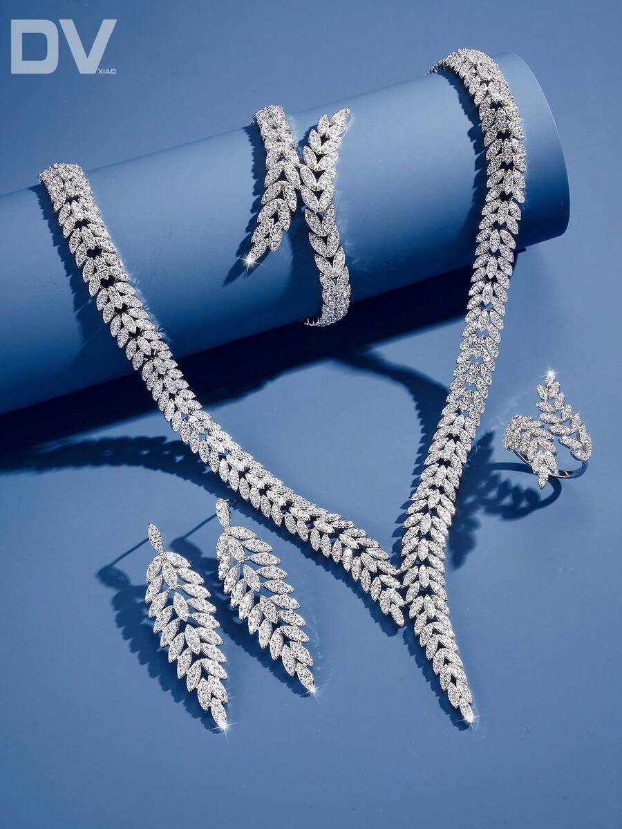 DV JEWELRY 5pcs Artificial Cubic Zirconia Platinum Plated Luxury Jewelry Set Including Necklace, Bracelet, Earrings, Open Ring, For Women, For Dating, Parties And Anniversaries, With Gift Box Packaging - Silver - View 1