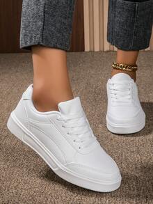 New Summer Casual Women Pure White Sneakers, Student Flat Lace-Up Versatile Fashionable Comfortable Breathable Sport Shoes - Pure White - View 5
