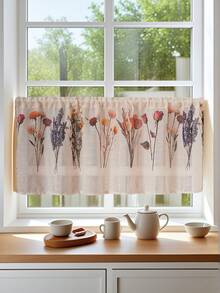 1 Pc Floral Print Rod-Pocket Cafe Curtain, Pastoral Flower Pattern Decorative Curtain, Suitable For Kitchen Cabinet, Bay Window, Door, Partition, Home Decor