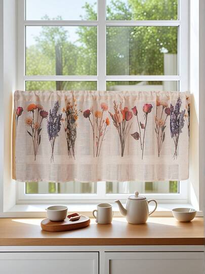 1 st blommigt tryckt cafégardin med stavficka, dekorativ gardin med pastoralt blommönster, lämplig för köksskåp, burspråk, dörr, skiljevägg, heminredning