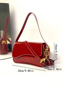 1 件女士 PU 皮革小方包，酒红色，多功能漆皮迷你钱包，Y2K 单肩包/腋下包/斜挎包，配有樱桃吊坠