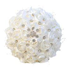 Elegante ramo de rosas de satén con cuentas y cristales de color champán, ramo de boda de rosas de tela artificial, flor eterna W0630G
