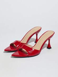 Jin Bei Qi Women's Glamorous High Heel Mules, Summer Sandals, Pointed Toe, Rhinestone Embellished, Textured Material, Sexy, Elegant, Red Color, Night Out - Bright Red - View 7