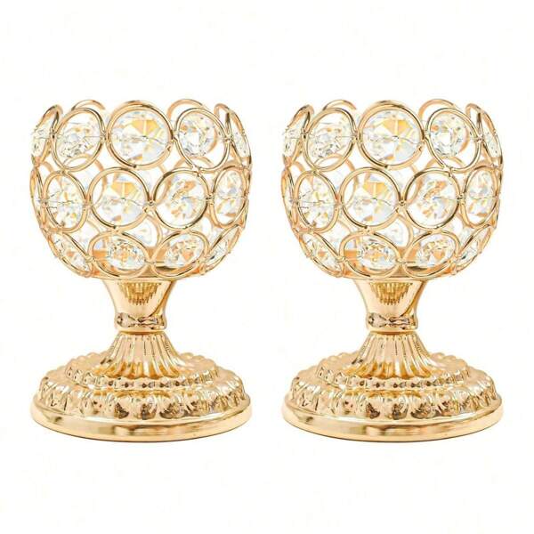2/4Pcs Elegant Gold Crystal Tea Light Candle Holder Set - Wedding Centerpiece Decor For Fireplace, Living Room, Anniversary & Housewarming Gift