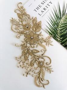 1 Piece Of Light Gold 3D Decal Lace Border Embroidered With Water Droplets, Diamond Lace Decoration Decal, Used For DIY Sewing Of Clothing, Wedding Handmade Decoration - Gold - View 6