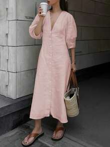 فستان طويل بأكمام منتفخة واسع فضفاض بلون واحد سادة أسلوب الإجازة الفرنسي العصري الصيفي والربيعي الجديد ذو فتحة الرقبة على شكل حرف V عاري الظهر