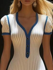 优雅的通勤针织连衣裙，有弹性，拼色饰边设计，简约高端，休闲别致的连衣裙，时尚休闲，复古风格，返校装，适合街头、派对、婚礼 - 白色 - 查看 5