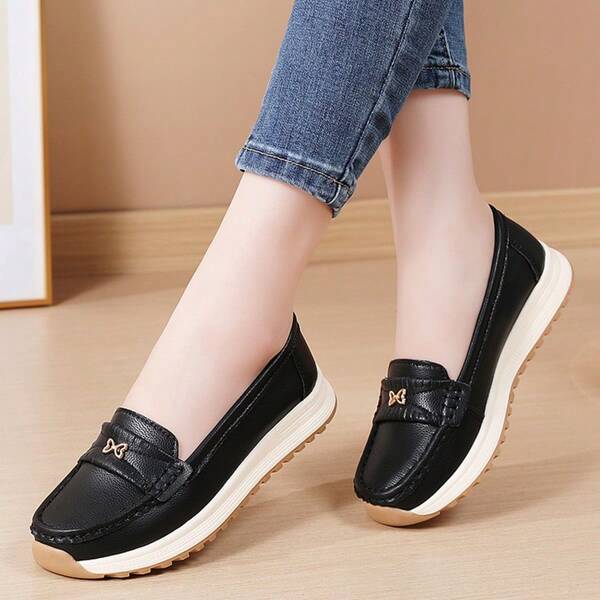 Mocasines de mujer con decoración de mariposa de metal en unicolor, zapatos planos casual, para todo el año