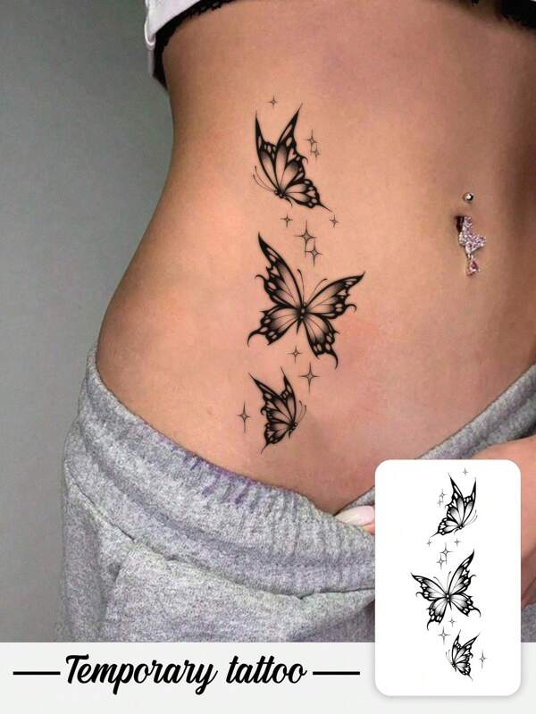 1pc Y2K Style Black Ink Butterfly & Starlight Temporary Tattoo Sticker, Waterproof & Sweat-Proof, Washable, Realistic Tattoo Suitable For Fashion People, Arm/Shoulder Tattoo