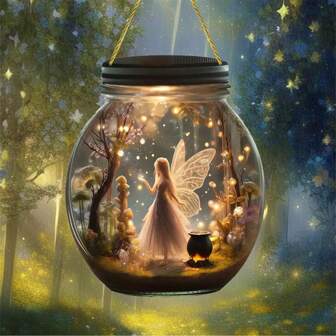 1件梦幻仙境——宛如仙女灯——户外花园装饰梅森罐。采用二维亚克力材质，这款多功能太阳能吊灯充满童话风情。可作为户外花园的挂饰。