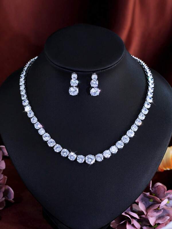 1 Set Super Sparkling 5A Round Cubic Zirconia Luxury Pageant Tennis Choker Necklace And Earrings Wedding Bridal Party Jewelry Sets For Women